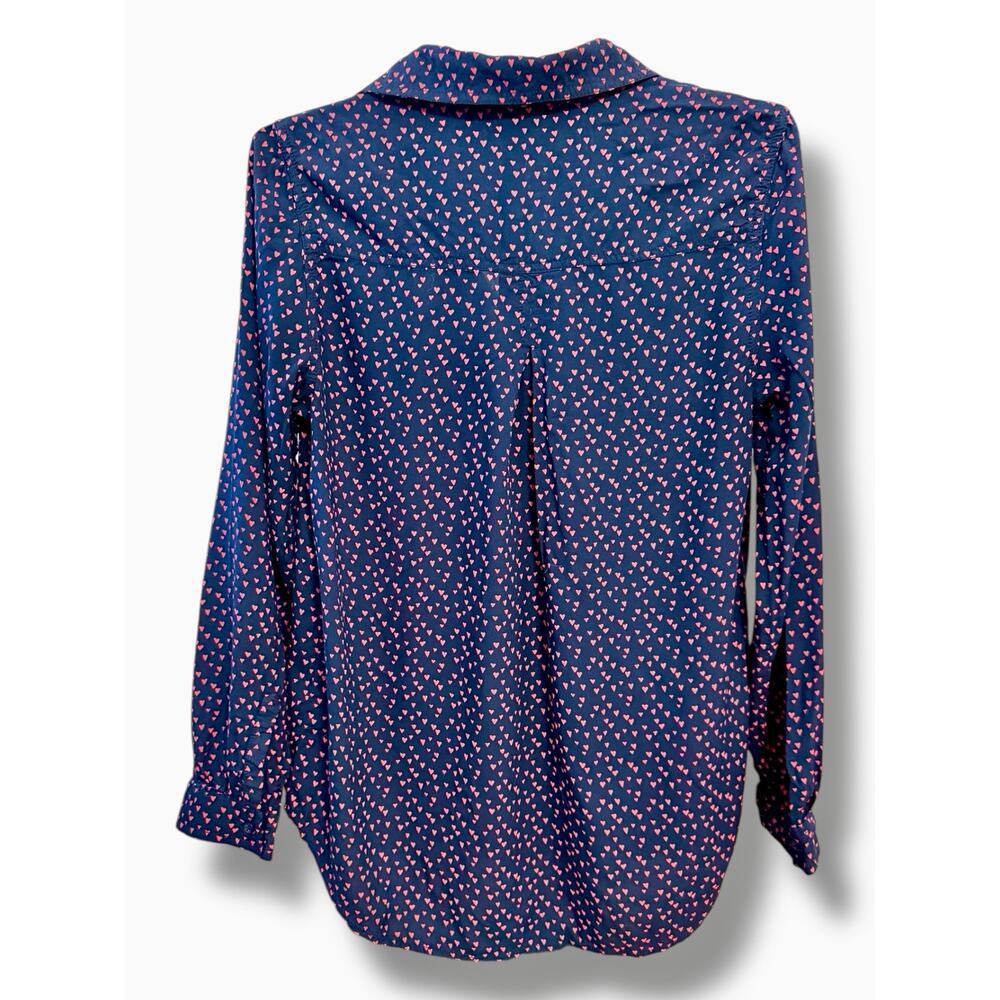 BeachLunchLounge Heart Print Fall Blouse Medium Navy Pink Workwear Button Up - Picture 7 of 9